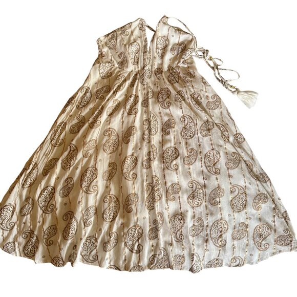 Boho-Chic Halter Dress Beige Paisley Print Lightweight Festival Resort Wear NWT - Picture 2 of 11